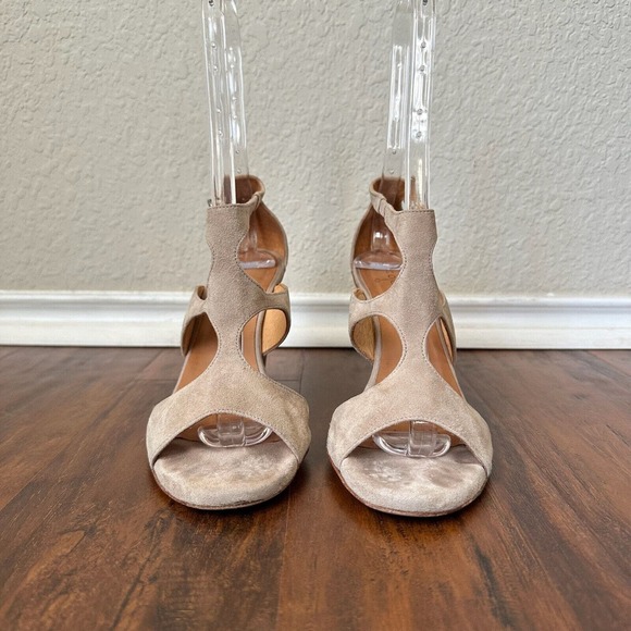 COCLICO Cut Out Ankle Strap Heeled Sandals Taupe Suede Leather - Picture 6 of 12